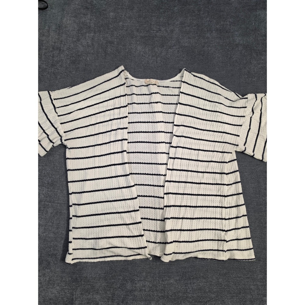 Altar'd State Womens Striped Waffle Knit Short Sleeve Cardigan White Navy Small